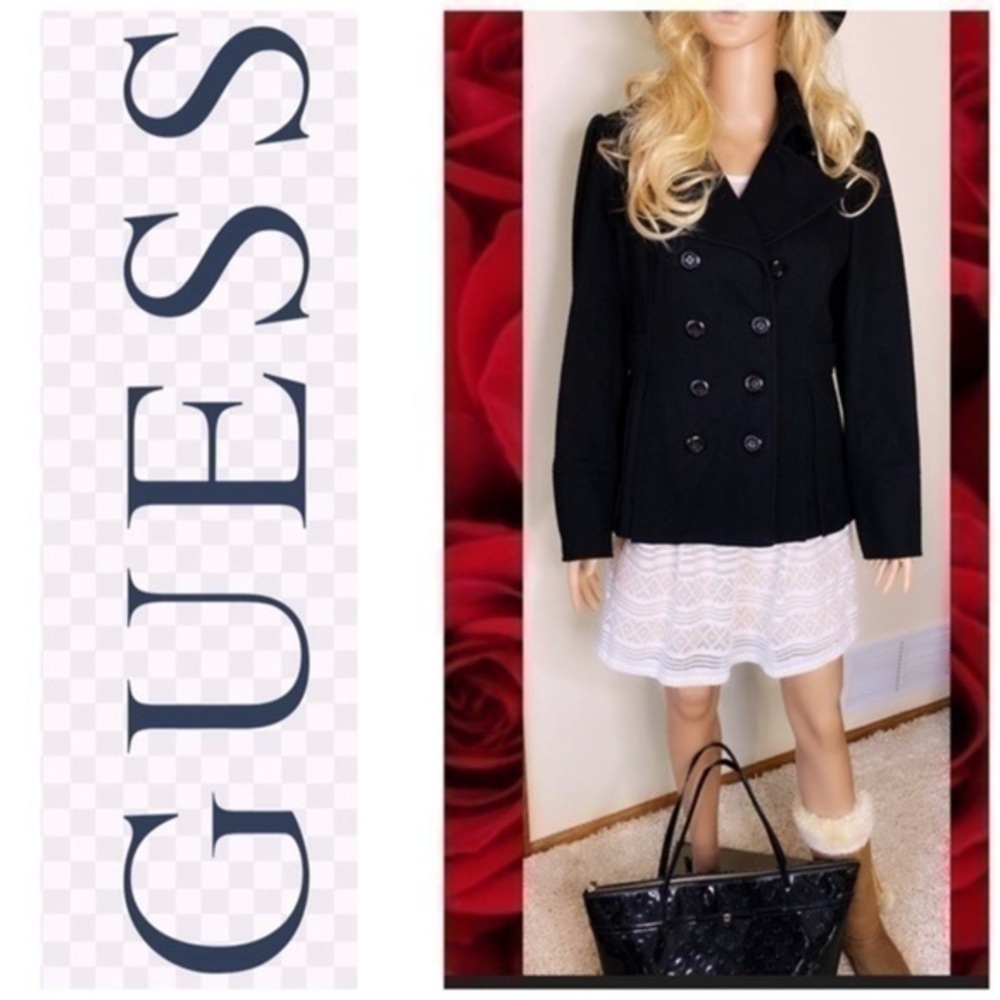GUESS WOOL DOUBLE BREASTED BLACK PEACOAT JACKET M - Picture 3 of 10